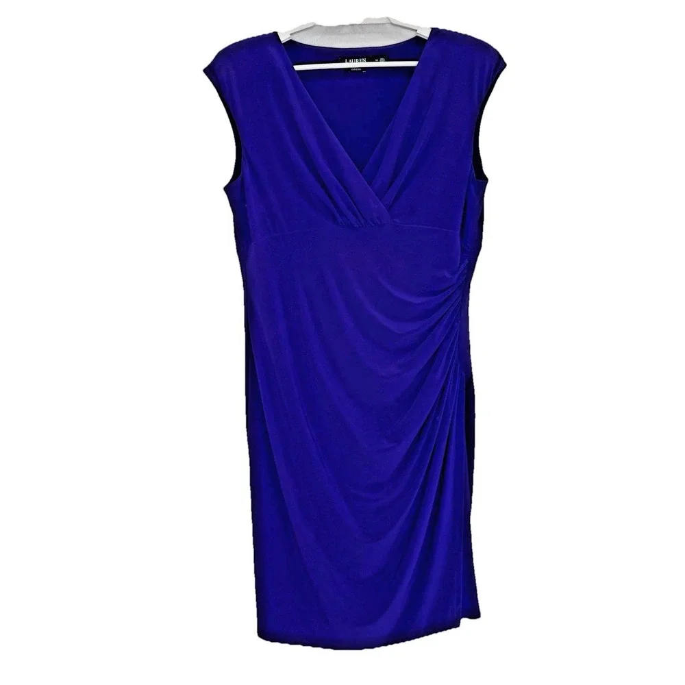 Lauren‎ Ralph Lauren Faux Wrap Dress Womens Sz 16 Purple V-Neck Cap Sleeve Lined